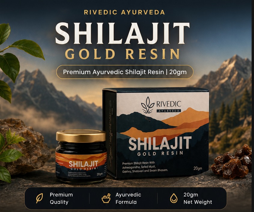 Rivedic Ayurveda Shilajit Gold Resin 20g jar and box on a mountain backdrop